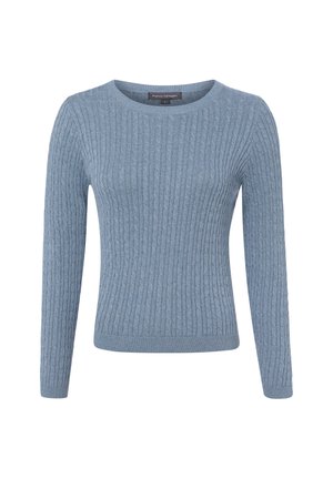 Pull bleu clair en maille torsadée à manches longues, col rond avec bords-côtes aux poignets et à l'ourlet, présenté sur fond blanc.