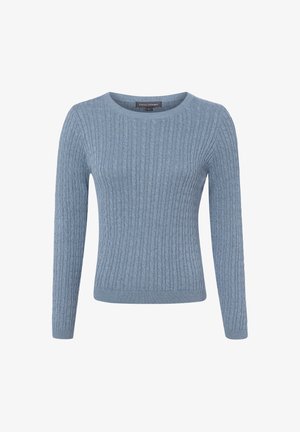 Pull bleu clair en maille torsadée à manches longues, col rond avec bords-côtes aux poignets et à l'ourlet, présenté sur fond blanc.
