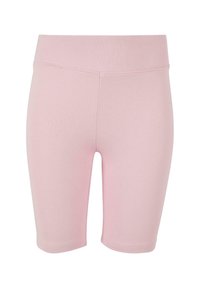 Rosa bomullsykler med en tettsittende design, elastisk midjebånd og jevn tekstur, som ender rett over kneet. Ingen lommer eller tilleggdetaljer.