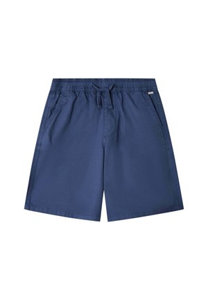 Marineblauwe herenshorts met elastische tailleband, trekkoord en zijzakken, plat neergelegd op een witte achtergrond.