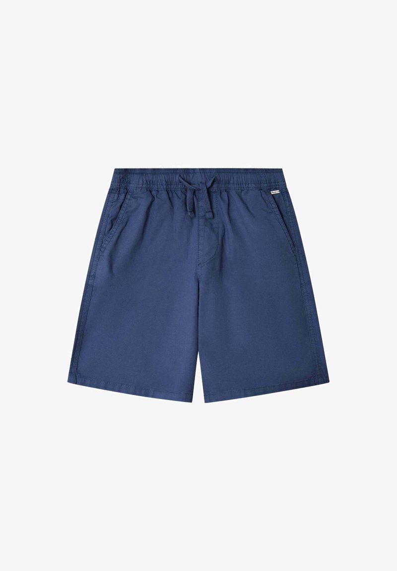 Shorts pour hommes bleu marine avec taille élastique, cordon de serrage et poches latérales, posés à plat sur un fond blanc.