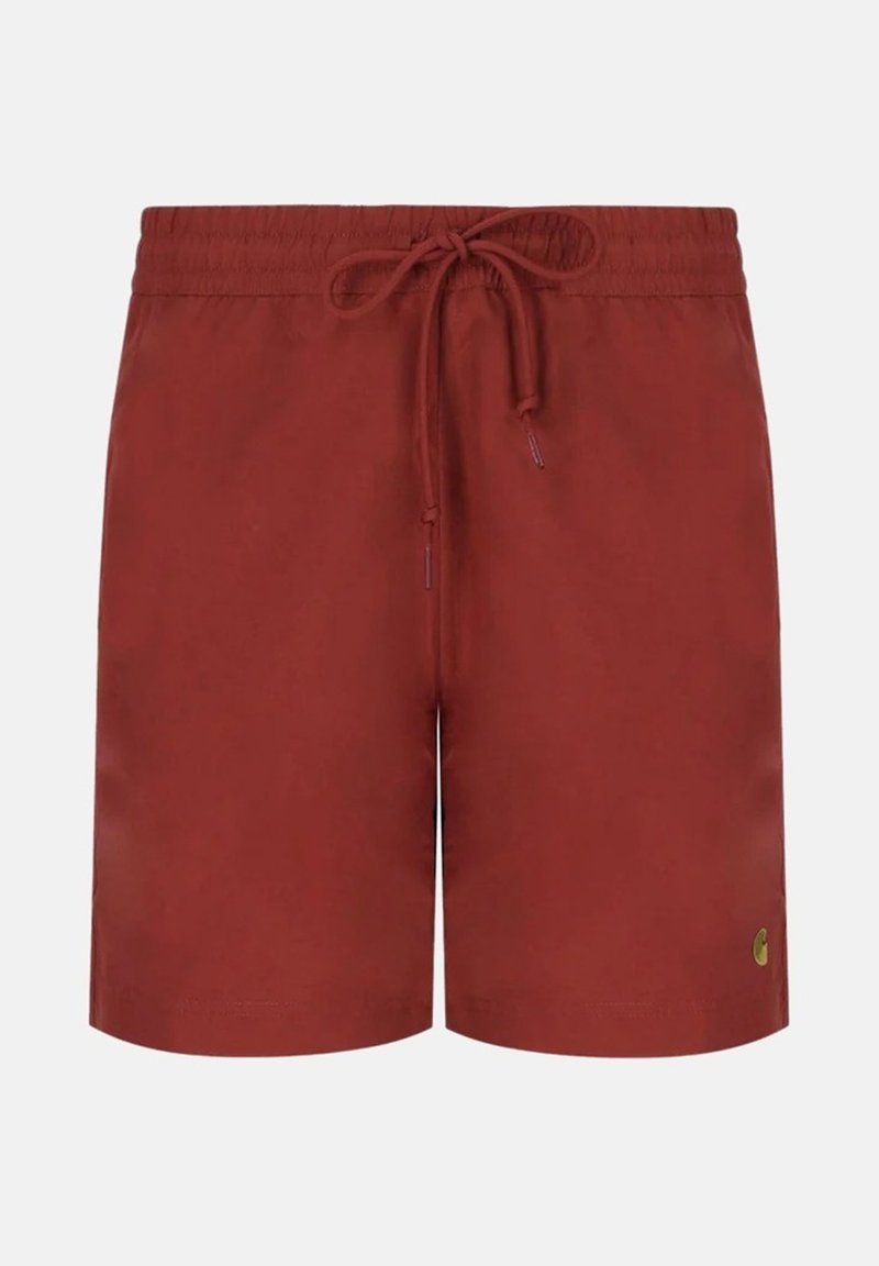 Rostfarbene Herren-Badeshorts mit elastischem Bund und Kordelzug vorne, mit einem kleinen Logopatch am linken Bein.