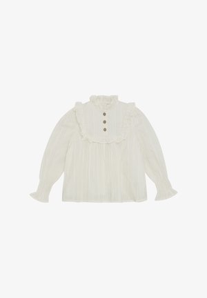 Witte blouse met lange mouwen, gerimpelde kraag en manchetten, voorzien van verticale strepen en drie bruine knopen aan de voorkant.
