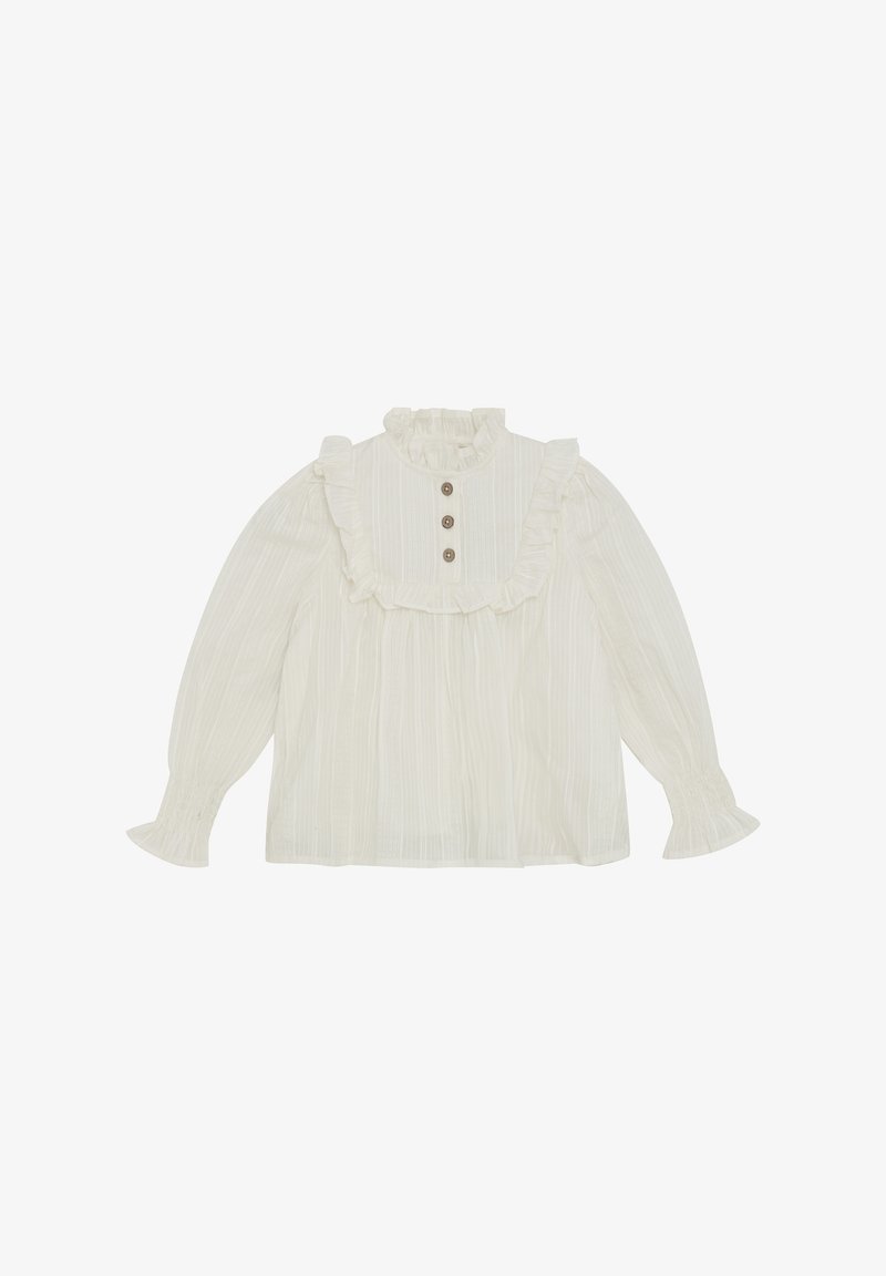Weißes Langarmbluse mit Rüschensaum am Kragen und an den Manschetten, vertikalen Streifen und drei braunen Knöpfen an der Vorderseite.