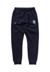 Pantaloni della tuta blu navy con vita elasticizzata, tasche laterali e polsini a sigaretta. Presentano un logo bianco sulla coscia sinistra e un piccolo simbolo del marchio in azzurro chiaro.