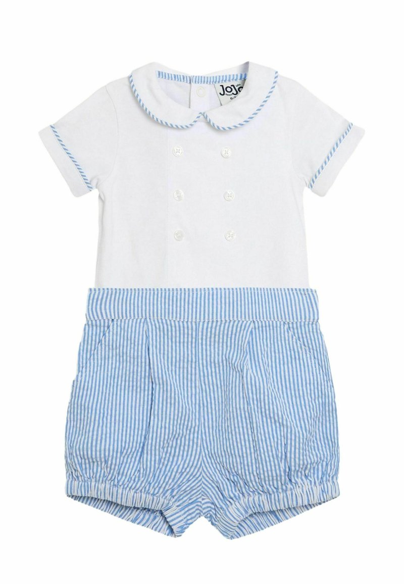 Rompers blancs à manches courtes avec des accents bleus, présentant un col, un devant à double boutonnage et un short à rayures bleues.