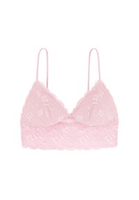 Lace bralette in soft pink with adjustable straps, triangular cups, floral pattern, and a smooth underband for comfort.