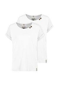 White cotton t-shirts, short sleeves, round neck, featuring brown heart-shaped buttons on the left shoulder, available in a pack of two.