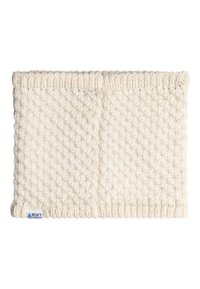 Strikket pandebånd i cremefarve, med et struktureret diamantmønster, ribbede kanter og et lille logo. Blødt stof for varme.