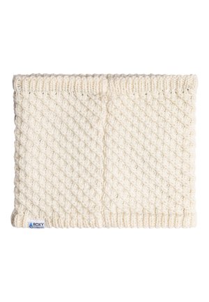 Gebreide haarband in crème, met een gestructureerd ruitpatroon, geribbelde randen en een klein logo-label. Zachte stof voor warmte.