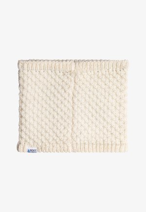 Pletená čelenka v krémovej farbe s textúrovaným diamantom, rebrovanými okrajmi a malou logom značky. Mäkka tkanina pre teplo.