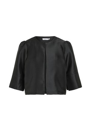 Svart satin cropped jacka med rund halsringning, puffärmar och ärmar i tre kvarts längd, med en framstängning och slät textur.