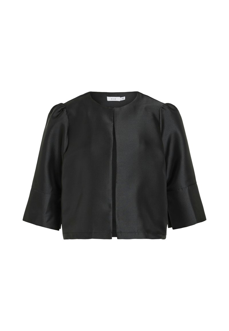 Svart satin cropped jacka med rund halsringning, puffärmar och ärmar i tre kvarts längd, med en framstängning och slät textur.