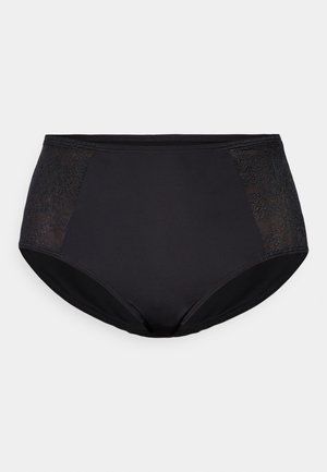 High-waisted black panties with lace side panels, smooth fabric, elastic waistband, and a seamless design. Suitable for everyday wear.