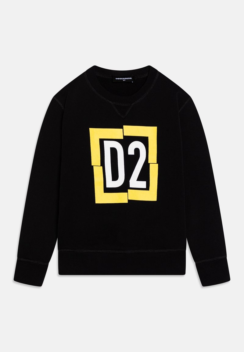 Sudadera negra de algodón, con un gran gráfico enmarcado en amarillo que dice "D2" en el frente, y con cuello y puños de canalé.
