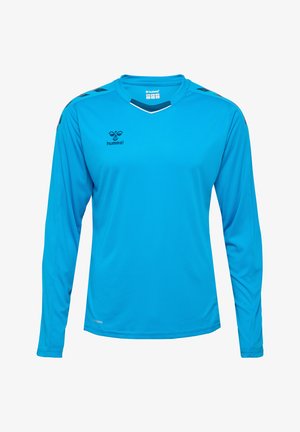 Lekka, sportowa koszulka z długim rękawem w jasnoniebieskim kolorze, wykonana z oddychającego materiału, z czarnymi akcentami na ramionach i dekoltem w kształcie litery V. Widoczne logo Hummel.