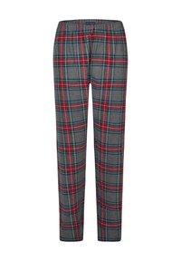 Geruite loungebroek in grijs, met rood, geel en groen ruitpatroon. Zachte textuur met een elastische tailleband voor comfort.