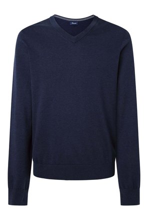 Marineblauwe V-hals trui met lange mouwen, geribbelde boorden en zoom. Gemaakt van zachte stof met een gladde textuur, met een contrasterende kraagstreep.