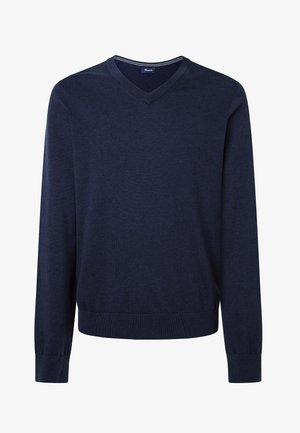 Maglione blu navy a V con maniche lunghe, polsini e orlo a coste. Realizzato in un tessuto morbido con una superficie liscia, presenta una striscia a contrasto nel colletto.