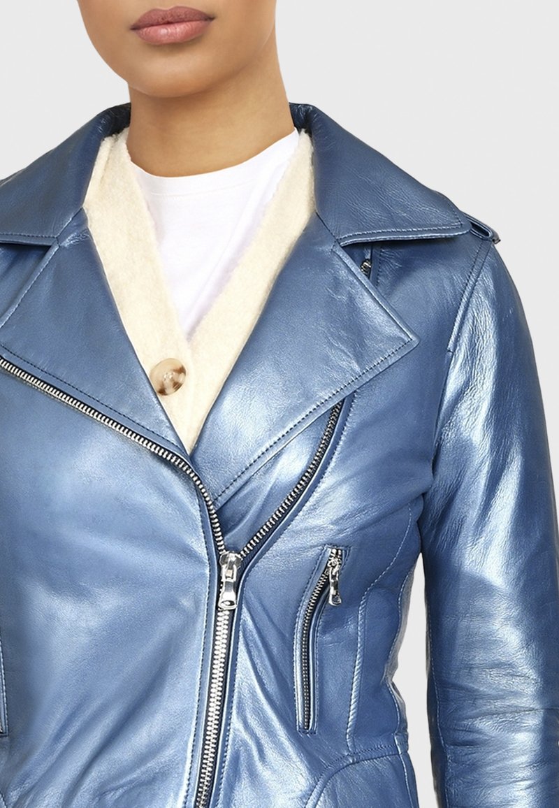 Veste Femme Blouson Biker Oakwood En Cuir De Mouton - Bleu Foncé Taille S - Neuf Avec étiquettes