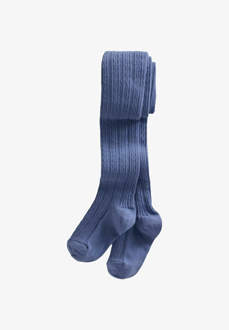 Collants bleus côtelés, design tricoté, texture lisse, présentant un motif uniforme sur l'ensemble, avec des zones de renforcement au niveau des orteils et du talon.