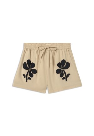 Beige korte broek van katoen met een elastische tailleband en een trekkoord. Heeft zwarte bloemenborduursels aan beide zijden.