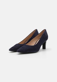 Navy blue suede high-heeled shoes with a pointed toe and a curved silhouette. Black heel, smooth interior lining, minimalist design.