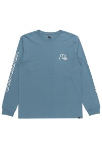 Light blue long-sleeve t-shirt made of cotton, featuring a wave graphic on the chest and text along the left sleeve in white print.