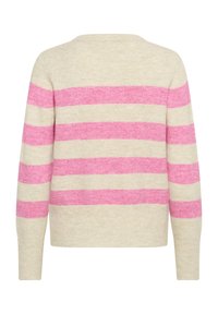 Cream sweater with pink horizontal stripes, soft texture, round neck, long sleeves, and a relaxed fit. Back view showcases stripe pattern.