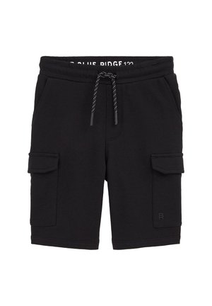 Czarne szorty typu cargo z wiązanym paskiem w talii oraz dwoma klapowymi kieszeniami po bokach, wykonane z miękkiego materiału, odpowiednie na codzienne noszenie.