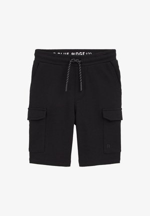 Zwarte cargoshorts met trekkoorden in de taille en twee klepzakken aan de zijkanten, gemaakt van zachte stof, geschikt voor casual dragen.