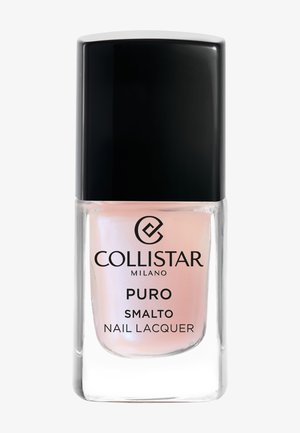 Botella de esmalte de uñas Collistar Milano con tapa negra, que contiene esmalte de uñas rosa pálido translúcido etiquetado como "Puro Smalto."