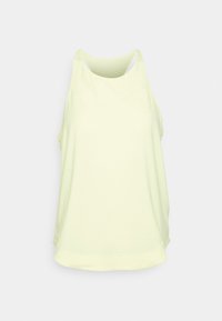 Canottiera atletica senza maniche di colore giallo pallido con scollatura rotonda e stile racerback su uno sfondo bianco uniforme.