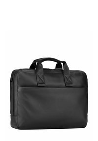 Schwarze Lederaktentasche mit zwei oberen Griffen, Reißverschluss, Vordertasche und gesteppten Akzenten. Glatte Textur und rechteckige Form.