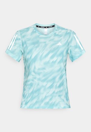 Lichtblauwe sport T-shirt met wit abstract patroon, Adidas-logo op de borst en reflecterende strepen op beide mouwen.
