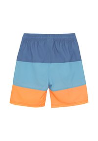 Badbyxor med elastiskt midjeband, med horisontella ränder i marinblå, ljusblå och orange. Tillverkade av lätta och snabbtorkande material.