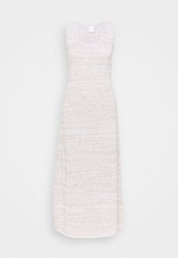 Lungo abito senza maniche in un leggero beige, materiale testurizzato con un sottile motivo mélange, caratterizzato da una scollatura a barca e una silhouette fluida.