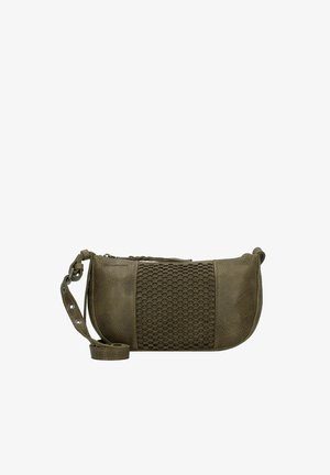 Borsa a tracolla in pelle verde oliva con motivo a esagoni testurizzato, chiusura con zip e tracolla regolabile. Superficie liscia e accentata da un effetto a ciottoli.