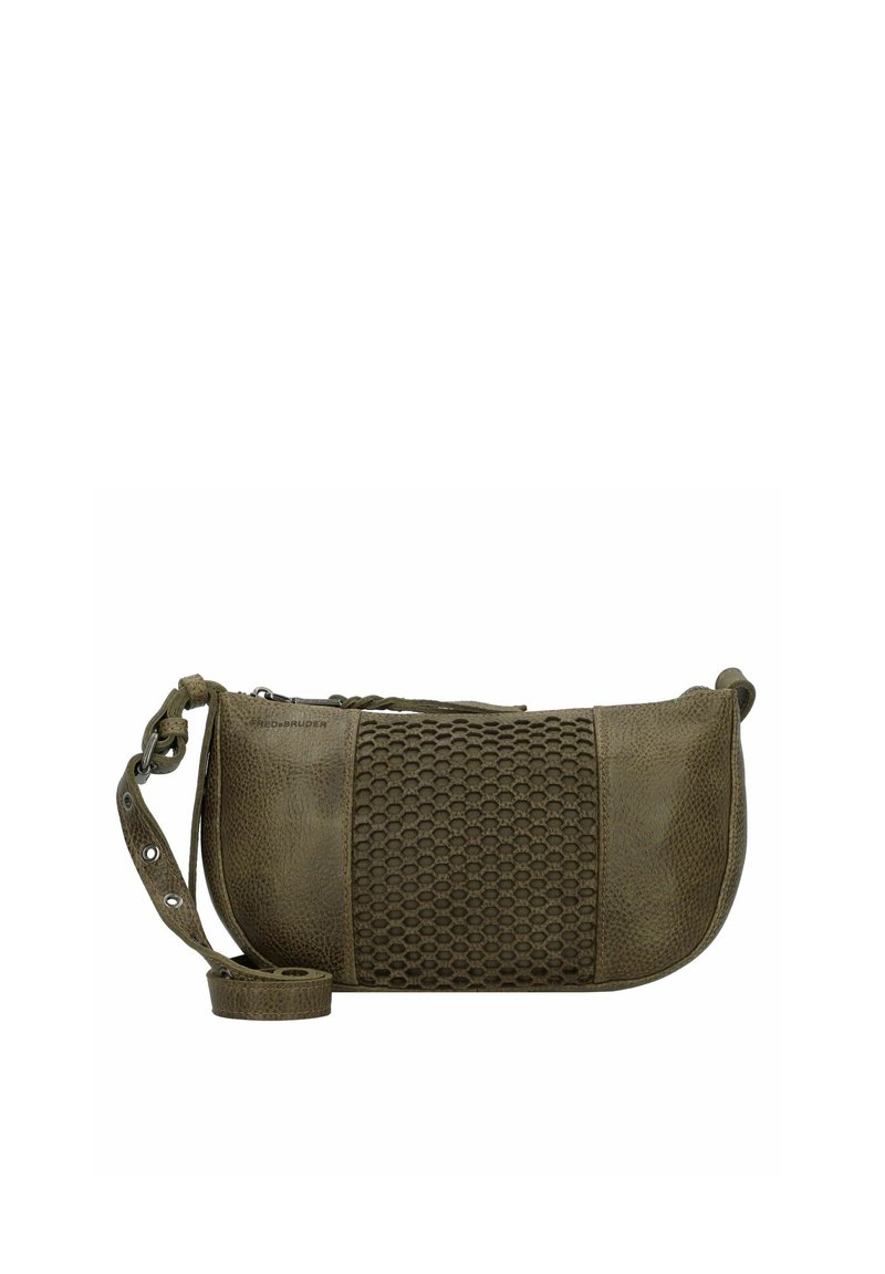 Borsa a tracolla in pelle verde oliva con motivo a esagoni testurizzato, chiusura con zip e tracolla regolabile. Superficie liscia e accentata da un effetto a ciottoli.