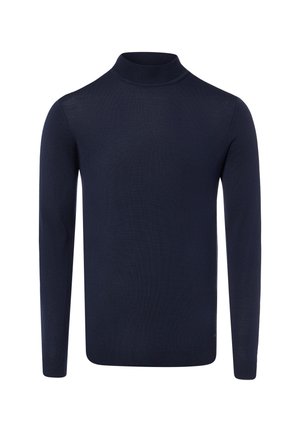 Marineblauer Langarm-Pullover mit engem Stehkragen sowie gerippten Bündchen und Saum.
