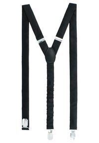 Schwarze Stoff-Hosenträger in Y-Form mit silbernen Akzenten und Kunststoffclips. Weicher Stoff mit einem Lederpatch in der Mitte.