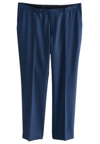 Marineblaue Anzughose aus strukturiertem Stoff, mit geradem Bein, seitlichen Taschen und einem einzigen Knopfverschluss an der Taille.