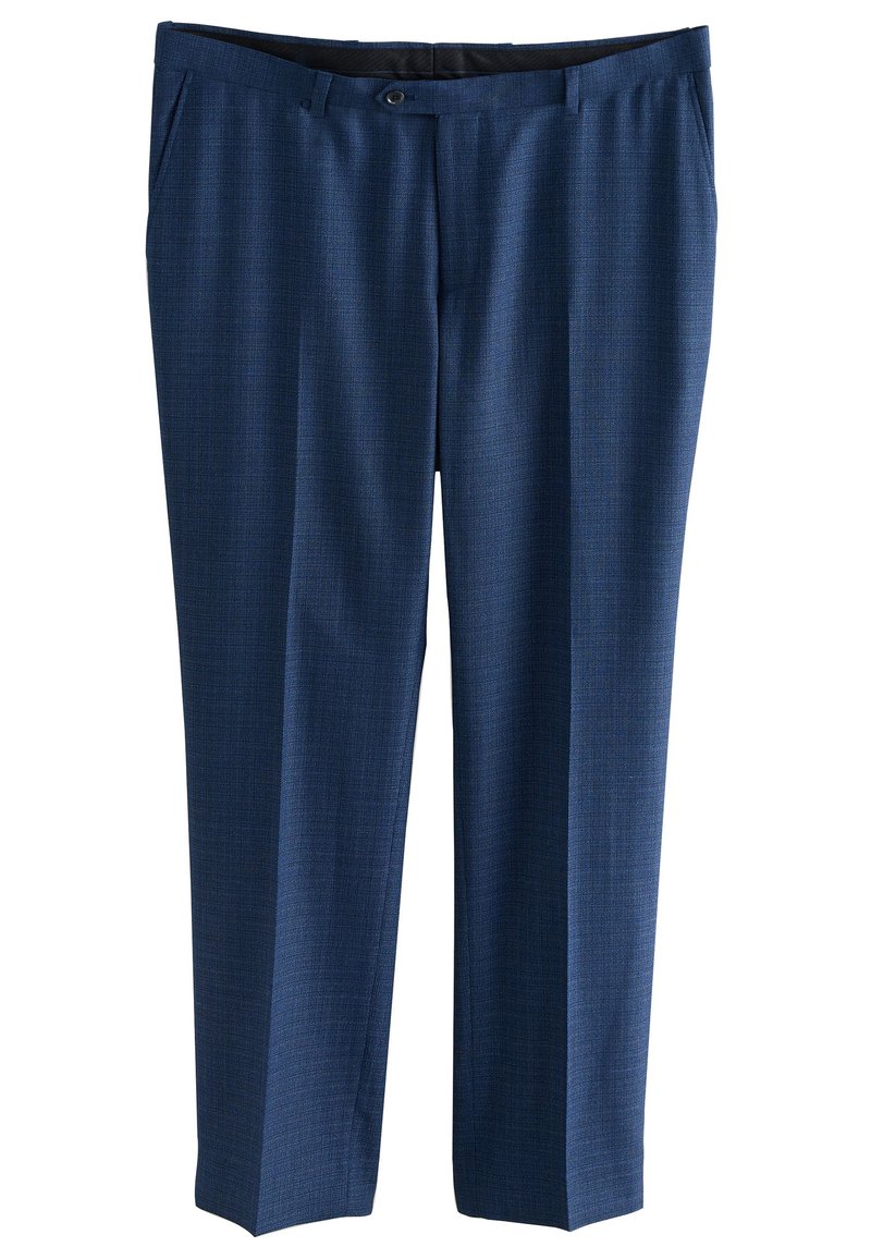 Marineblaue Anzughose aus strukturiertem Stoff, mit geradem Bein, seitlichen Taschen und einem einzigen Knopfverschluss an der Taille.