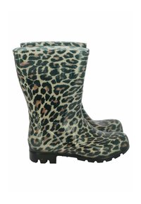 Pair of mid-calf rain boots with leopard print pattern and black textured soles, shown from the side on a white background.