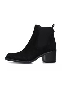 Stivaletto in suede nero con punta rotonda e pannelli elastici laterali. Caratterizzato da un tacco spesso e una linguetta per una facile calzata.