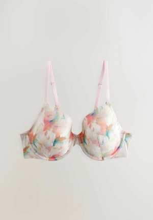 Bralette mit floralem Muster, vorgeformten Cups, zarten rosa Trägern und einer glatten Stoffoberfläche. Die dominierenden Farben sind Pastellrosa, Blau und Gelb.