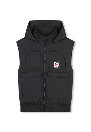 Chaleco sin mangas negro con capucha, cremallera frontal y cuatro bolsillos delanteros. Tejido texturizado con el logo de DKNY en el lado izquierdo.