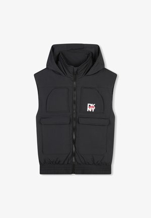 Chaleco sin mangas negro con capucha, cremallera frontal y cuatro bolsillos delanteros. Tejido texturizado con el logo de DKNY en el lado izquierdo.