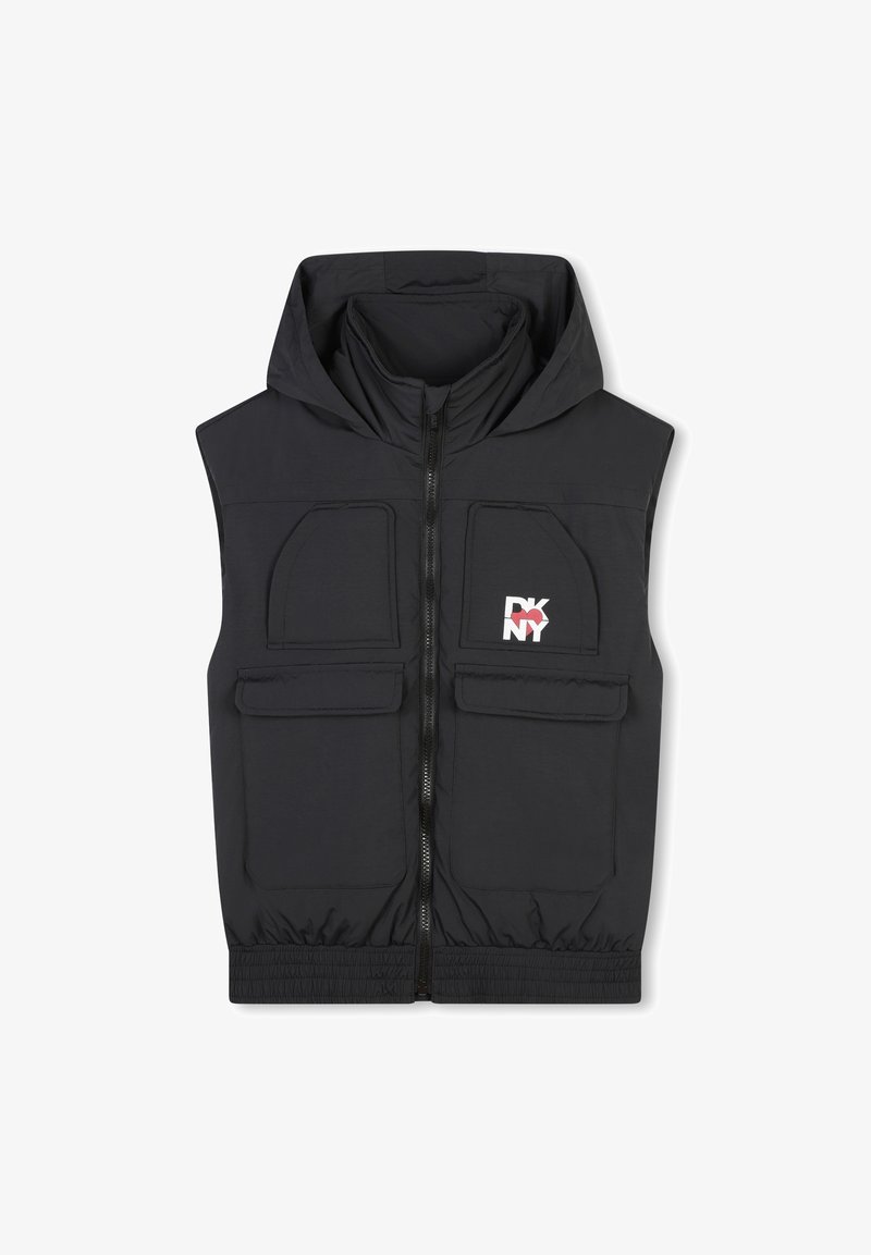 Chaleco sin mangas negro con capucha, cremallera frontal y cuatro bolsillos delanteros. Tejido texturizado con el logo de DKNY en el lado izquierdo.