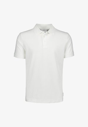 Polo bianca a maniche corte con tre bottoni e colletto, mostrata su uno sfondo bianco semplice.